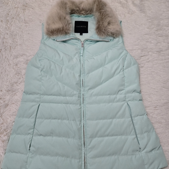 Talbots Aqua Down Puffer Vest With Removable Faux Fur Collar - Picture 3 of 7